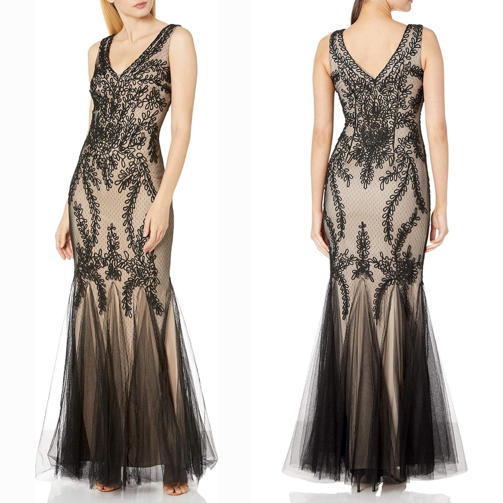 Betsy & Adam Black Nude Embroidered Lace Soutache Mermaid Evening‎ Gown Size 4